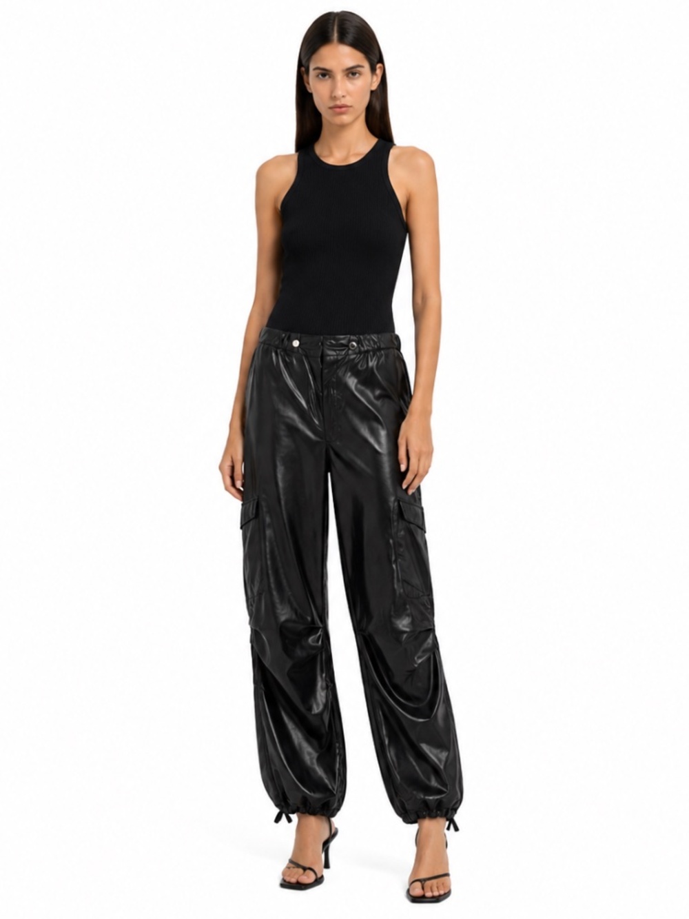 Olivaceous Black Patent Parachute Cargo Pants 55% Suede 45% PU – Size Large NWT